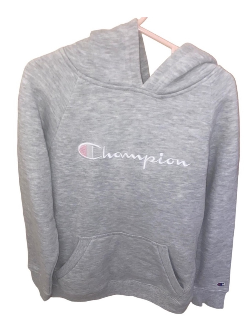 Champion Girls Fleece Hoodie Gray Pink Logo Size 6X Pullover Sweatshirt